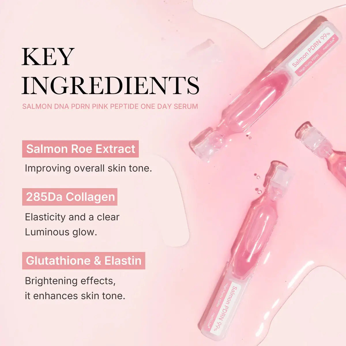 Pink serum bottles with key ingredients listed on a pink background