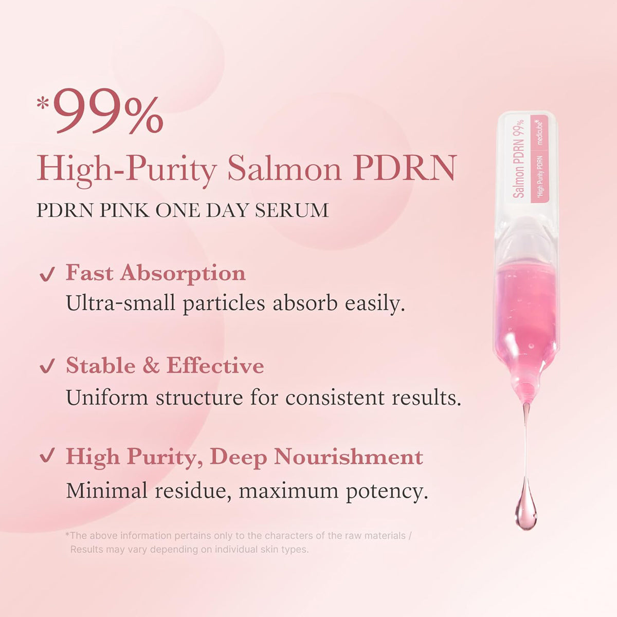 PDRN Pink One Day Serum with text highlighting its features on a pink background