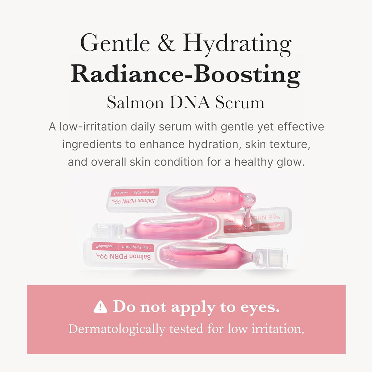 Salmon DNA serum with text about gentle and hydrating properties on a white background.