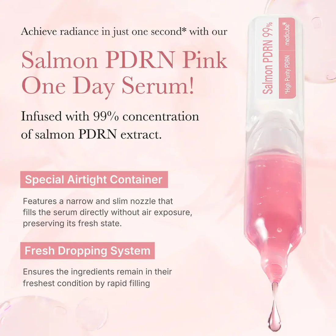Salmon PDRN Pink One Day Serum packaging with text on a pink background