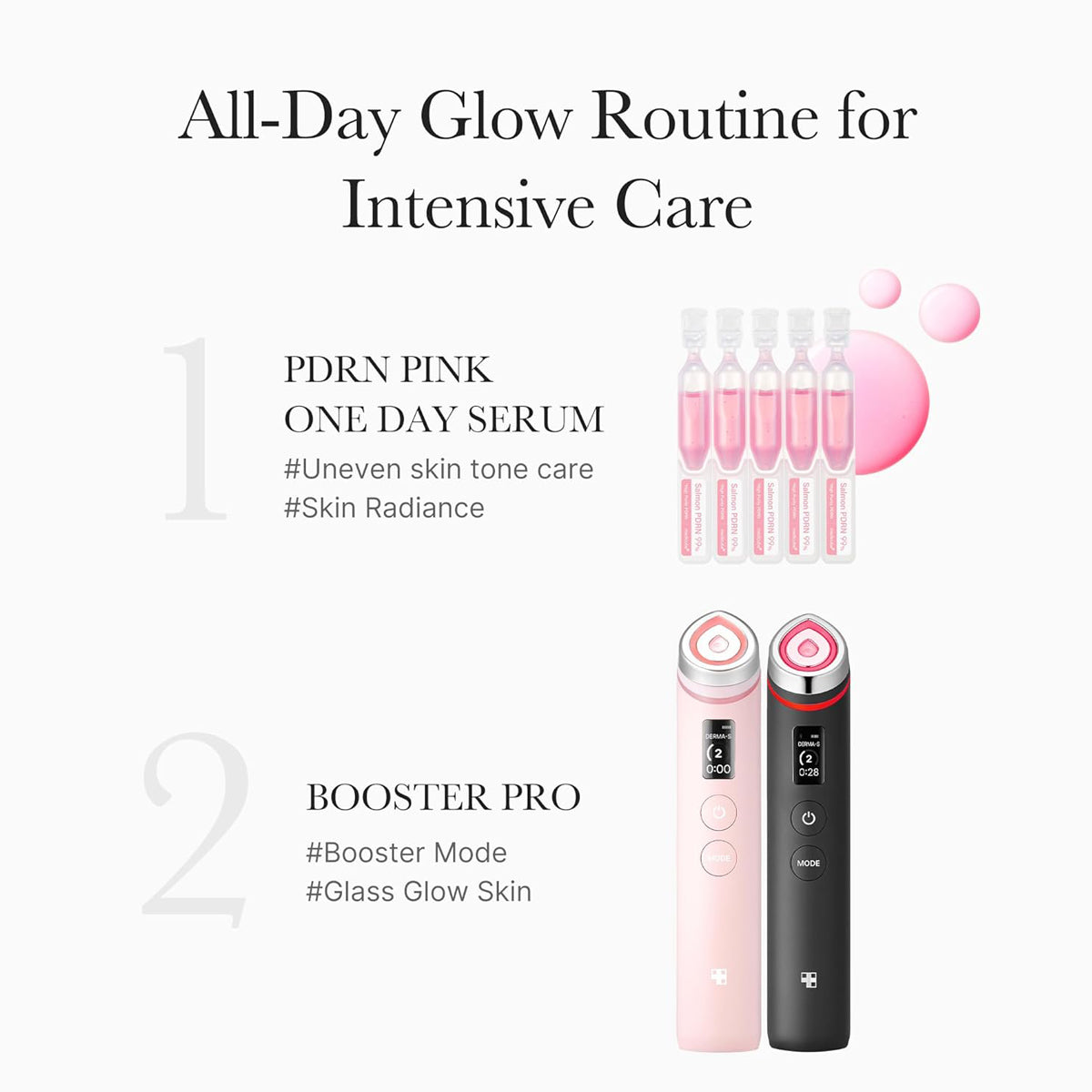 Product advertisement for a skincare routine with serum bottles and a AGE-R Booster Pro device on a white background.  