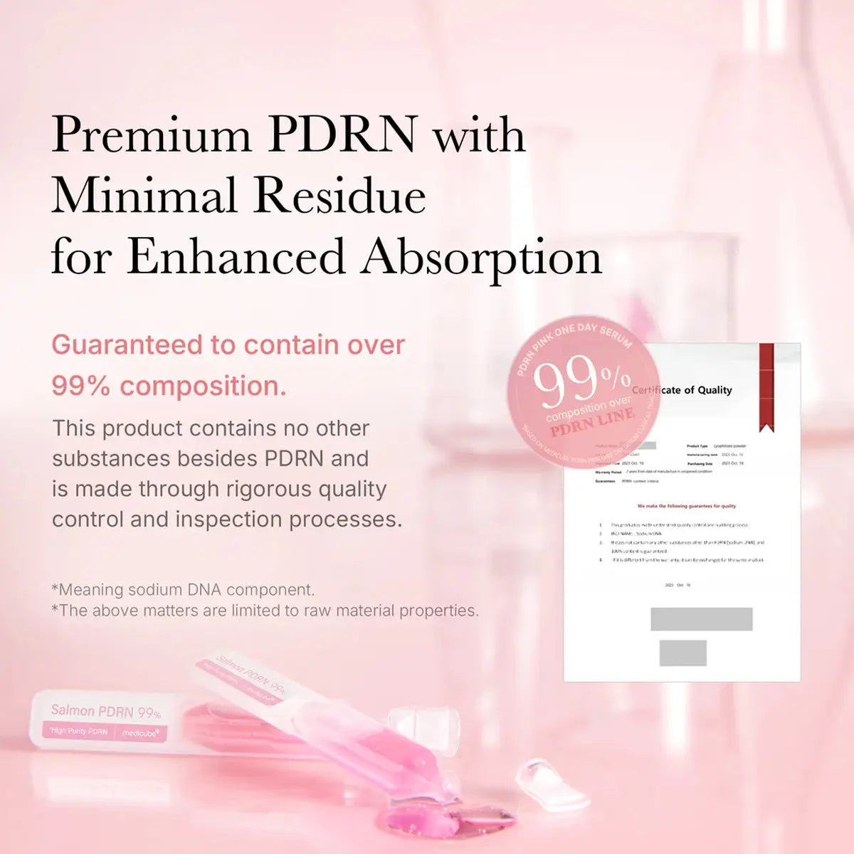 Advertisement for Premium PDRN with minimal residue for enhanced absorption, featuring a certificate of quality on a pink background.