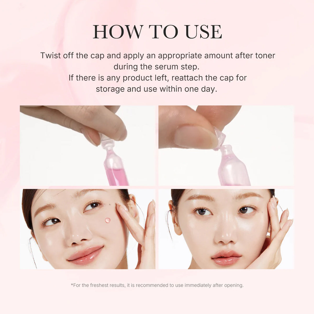 Instructions on how to use a Medicube Salmon PDRN Pink One Day Serum with text and images of a hand applying the product and a person using it on their face.