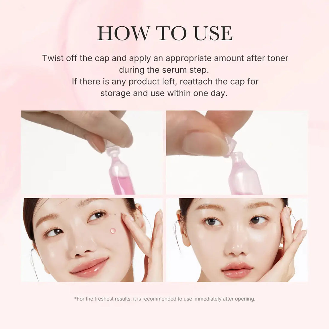 Instructions on how to use a skincare product with text and images of a hand applying the product.