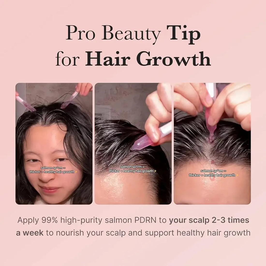 Pro Beauty Tip for Hair Growth with a woman applying a product to her scalp on a pink background.
