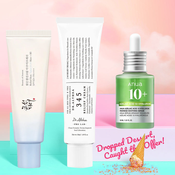 Sensitive Skin Redness-Relief Bundle - Korean skincare set with Azelaic Acid Serum, Dr. Althea Relief Cream & Rice B5 Sunscreen for Dubai UAE climate.