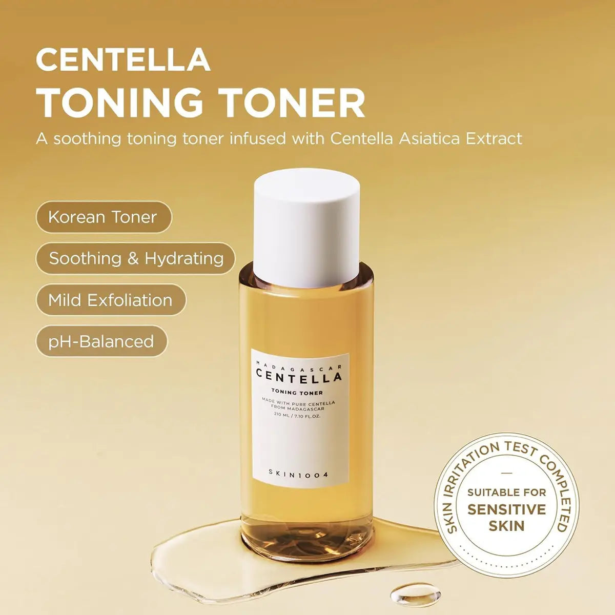 SKIN1004 Centella toning toner bottle with product details on a beige background