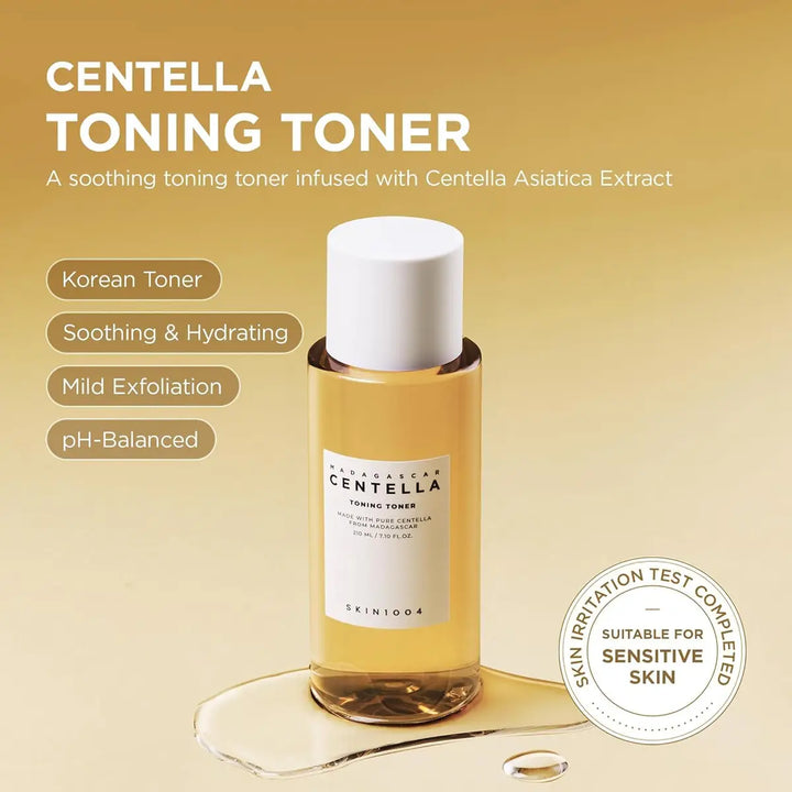 SKIN1004 Centella toning toner bottle with product details on a beige background
