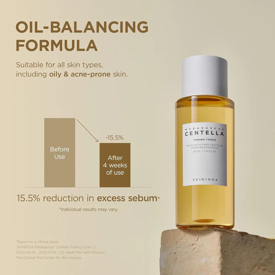 Skincare bottle with oil-balancing formula on a beige background