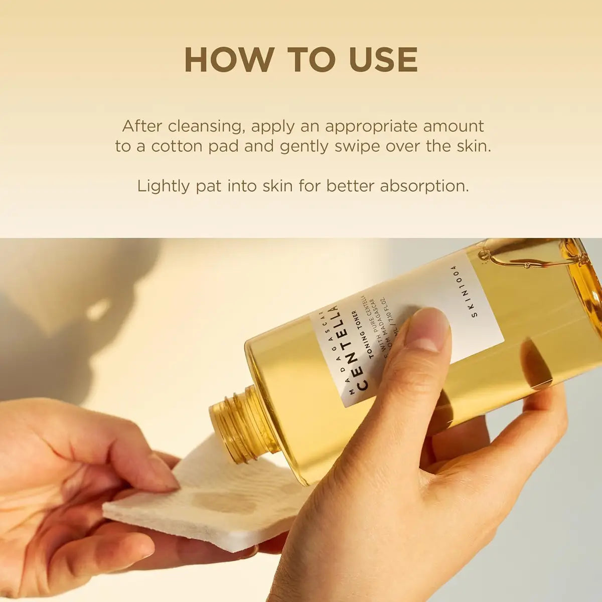 Skin1004 Madagascar Centella Toning Toner bottle being used to apply a product to a cotton pad with text on how to use it.