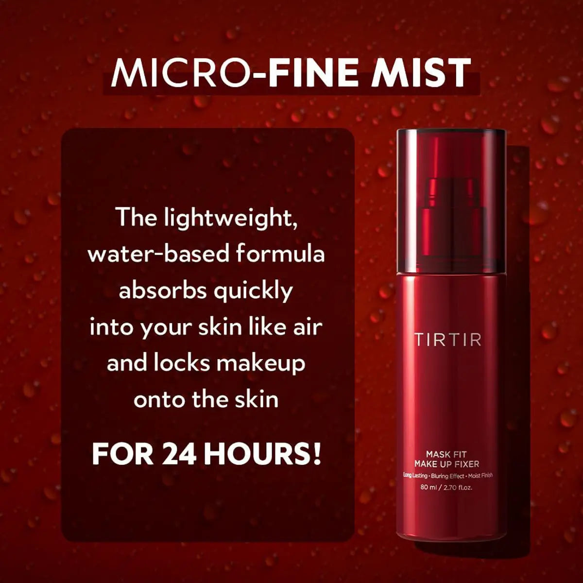 Red bottle of TIRTIR product on a red background with text about micro-fine mist and makeup fixer.
