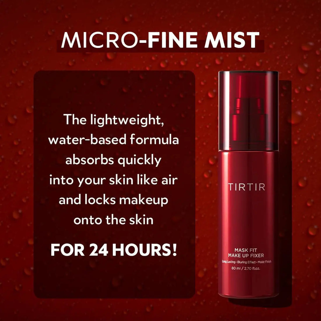 Red bottle of TIRTIR product on a red background with text about micro-fine mist and makeup fixer.