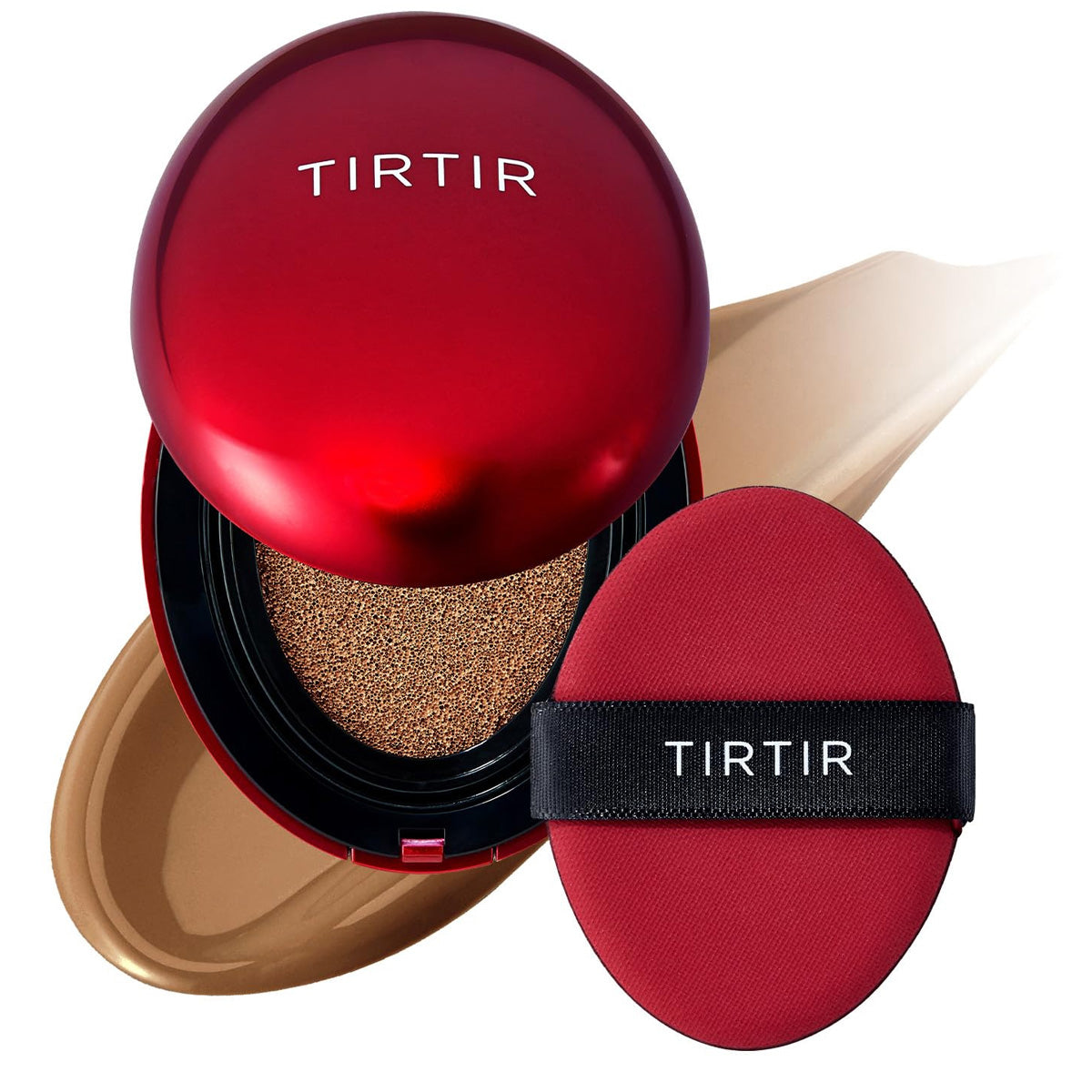 TIRTIR cosmetic compact with red lid and black strap on a white background