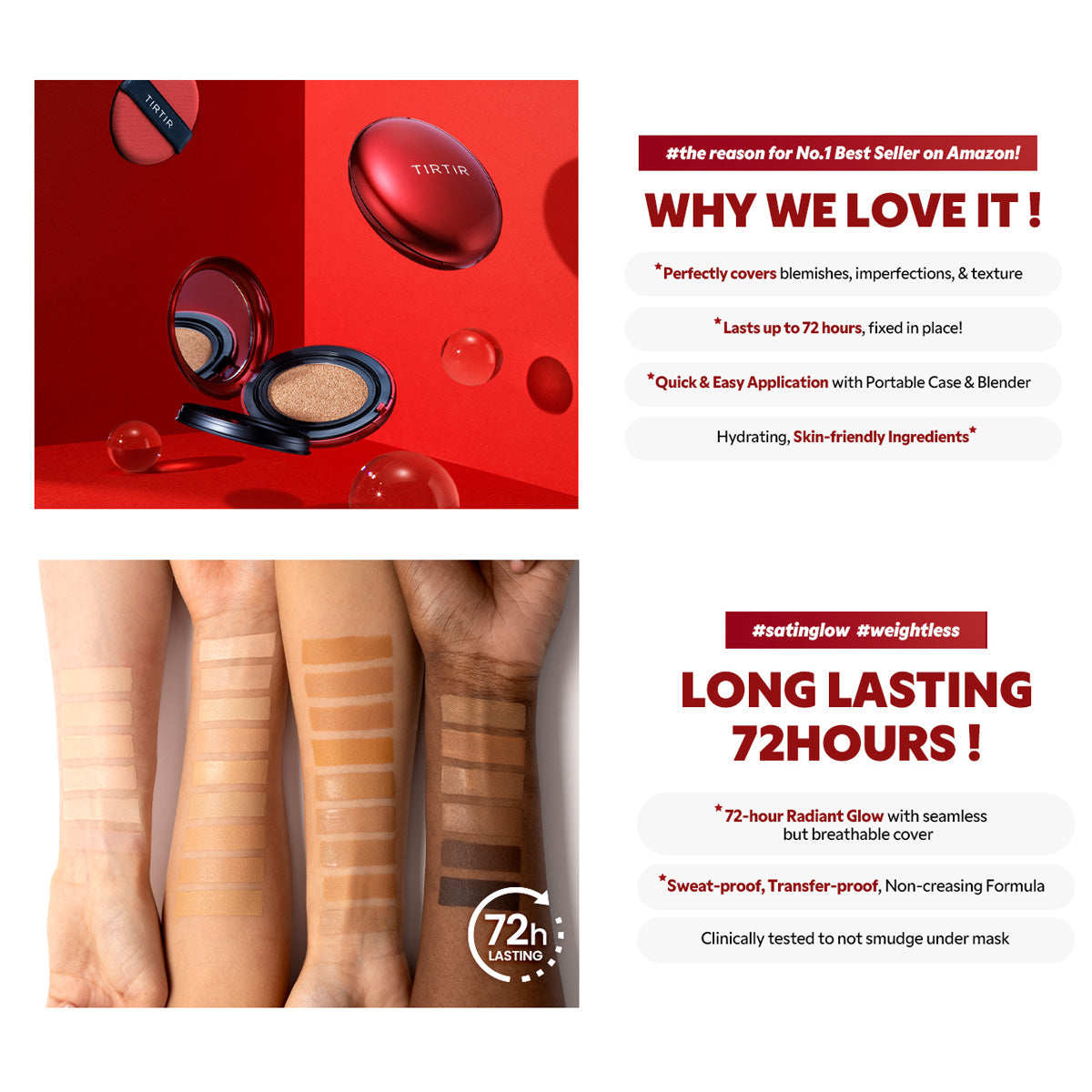Cosmetic product with swatches on skin against a red background