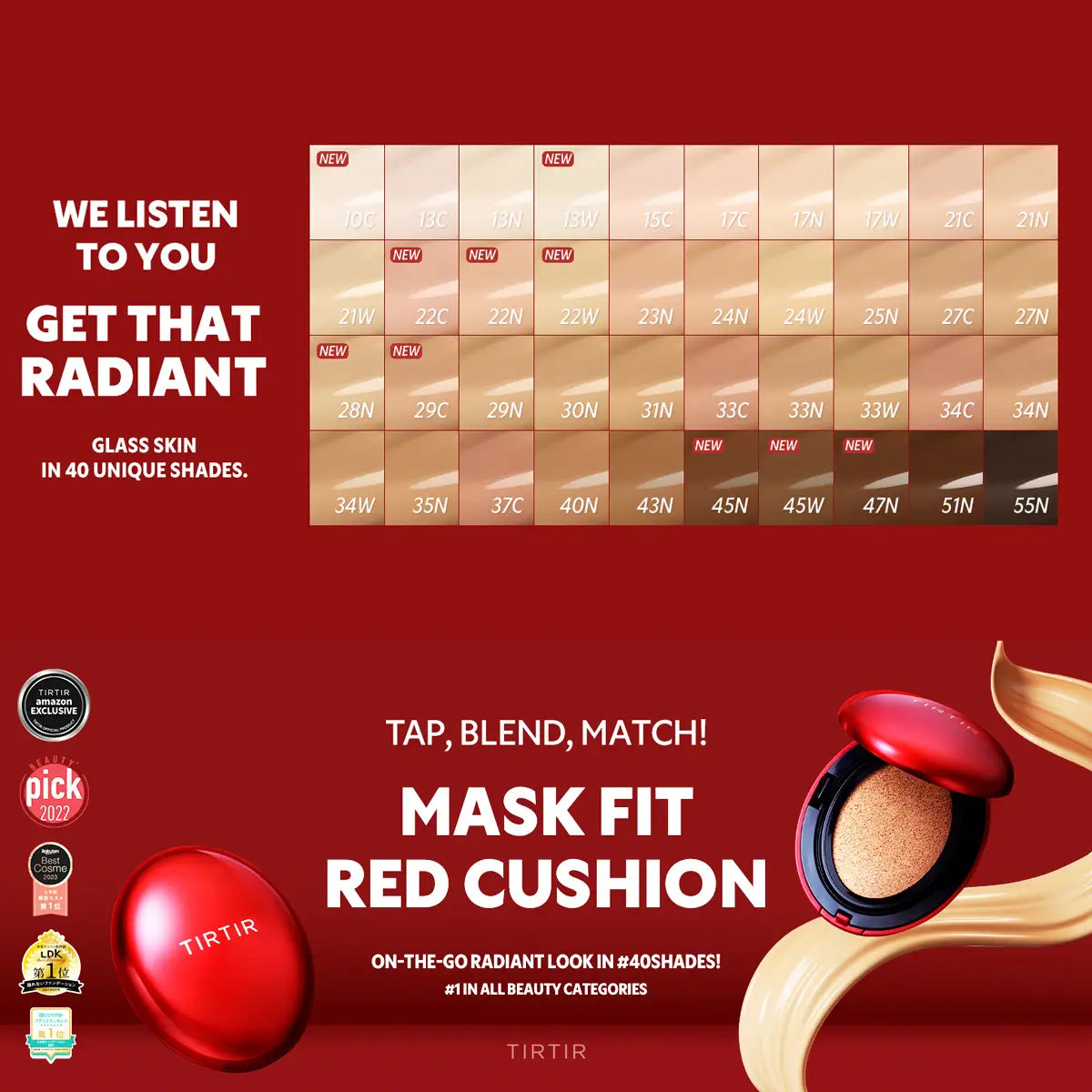 TIRIR Mask Fit Red Cushion color chart on a red background with product image.