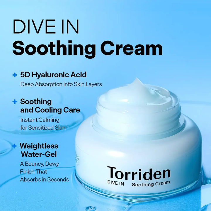 TORRIDEN DIVE-IN Low-Molecular Hyaluronic acid Soothing Cream 100mL in a water-gel texture for hydration and soothing.