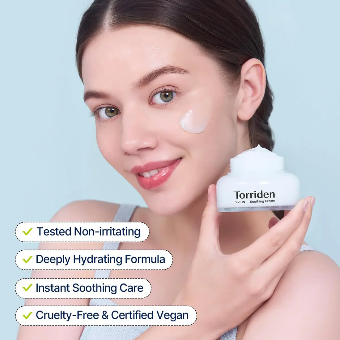 TORRIDEN DIVE-IN Low-Molecular Hyaluronic acid Soothing Cream 100mL displayed on a model applying it for skincare.
