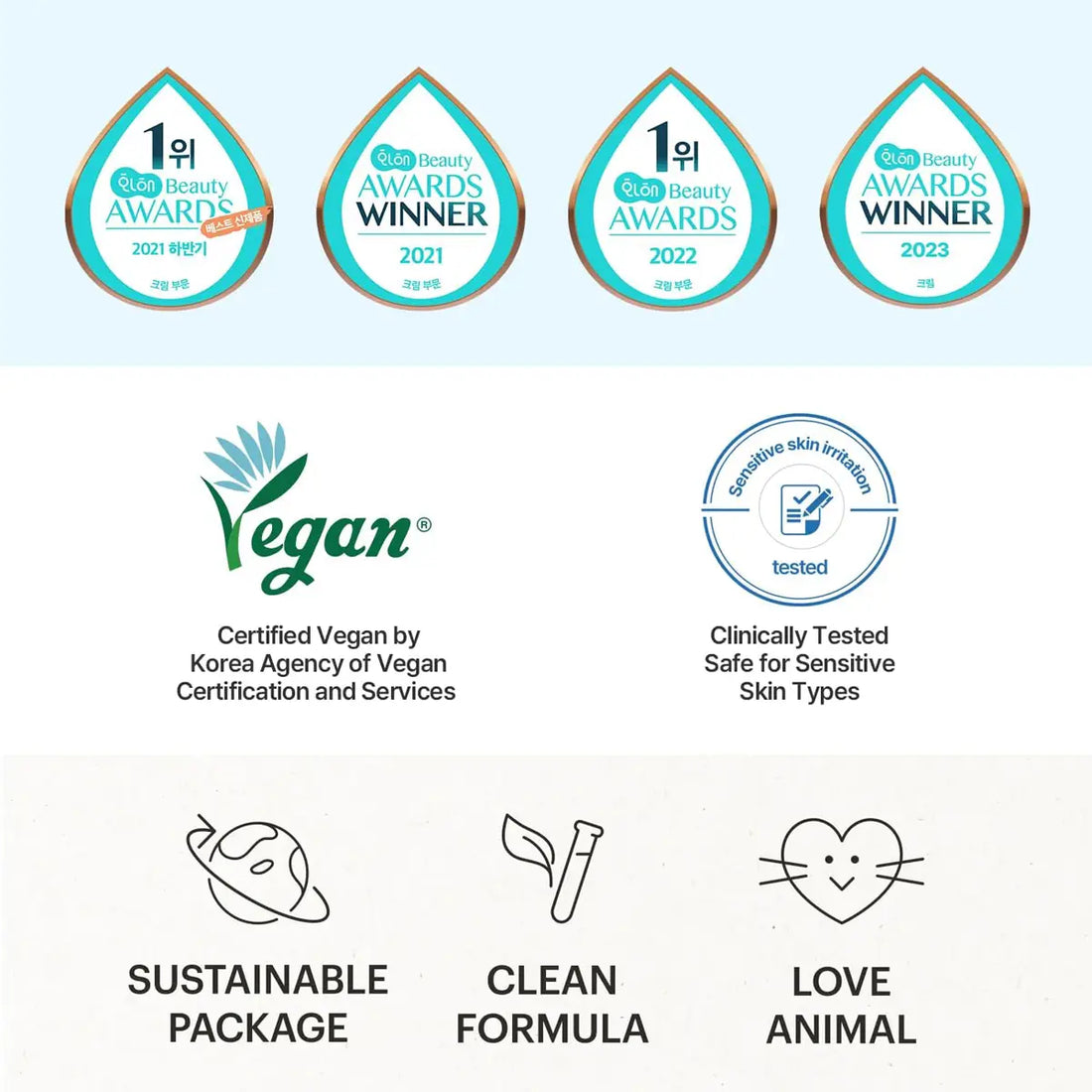TORRIDEN DIVE-IN Low-Molecular Hyaluronic acid Soothing Cream 100mL awards and certifications for vegan and sensitive skin.