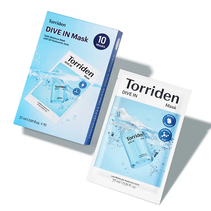 TORRIDEN DIVE-IN Low Molecular Hyaluronic Acid Mask Pack packaging with individual mask displayed.