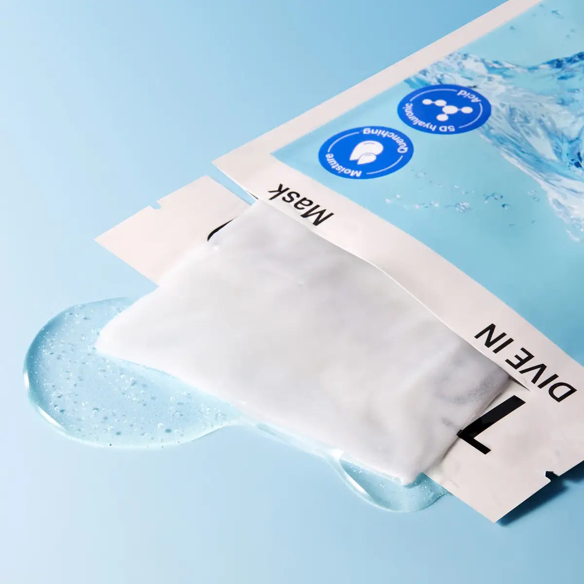 TORRIDEN DIVE-IN Low Molecular Hyaluronic Acid Mask Pack on a blue background with gel.