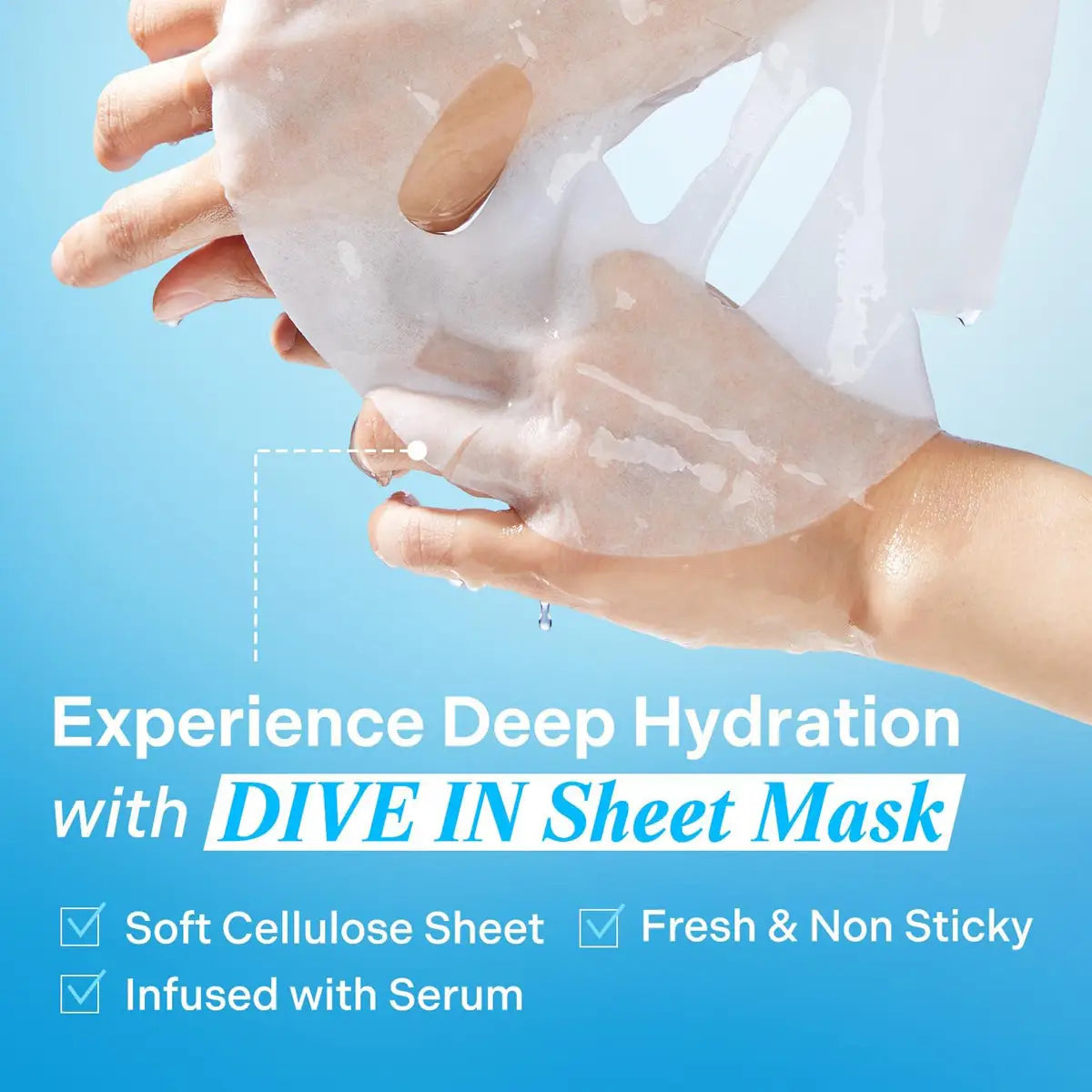TORRIDEN DIVE-IN Low Molecular Hyaluronic Acid Mask Pack in use, highlighting hydration and soft cellulose sheet.