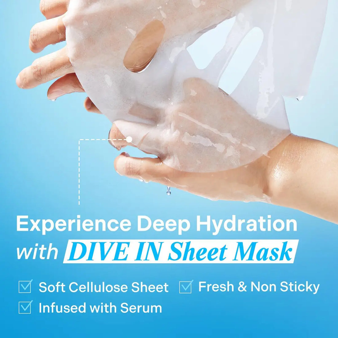 TORRIDEN DIVE-IN Low Molecular Hyaluronic Acid Mask Pack in use, highlighting hydration and soft cellulose sheet.