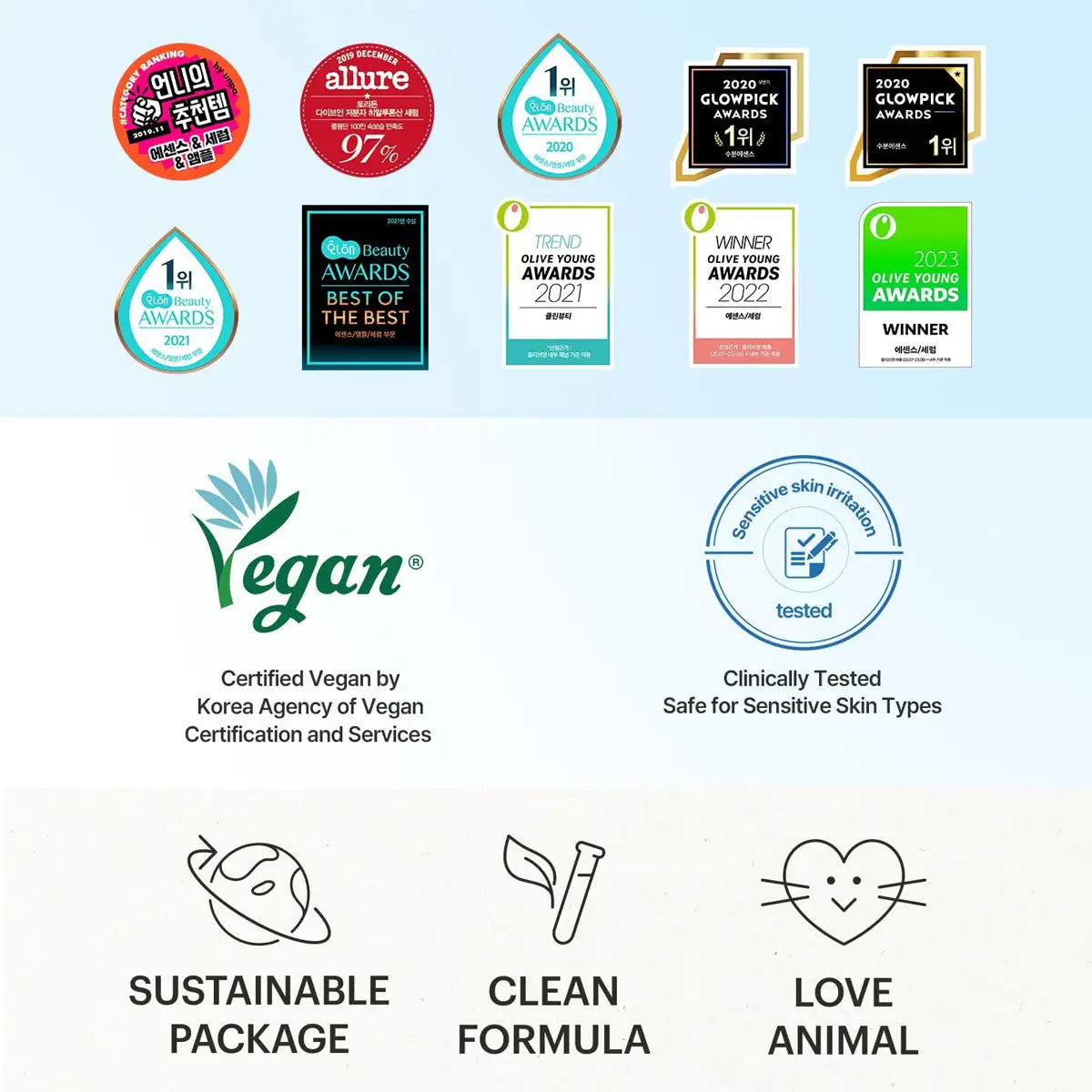 Awards and certifications for TORRIDEN DIVE-IN Low Molecular Hyaluronic Acid Serum 50mL including vegan and sustainability badges.