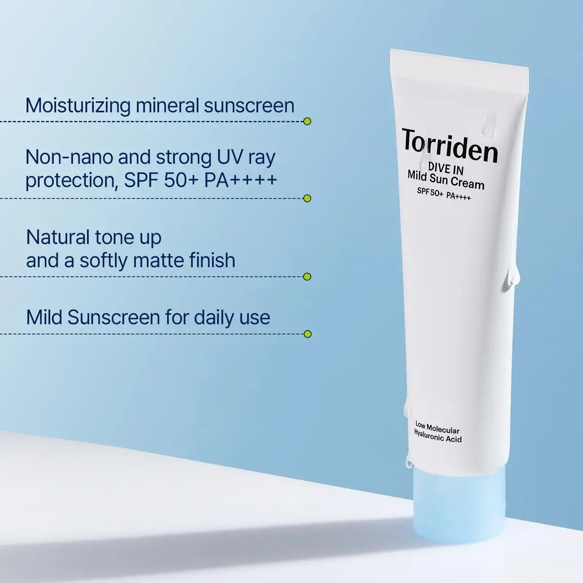 TORRIDEN DIVE-IN Mild Suncream 60mL in a tube with moisturizing features and SPF 50+ PA++++ protection.