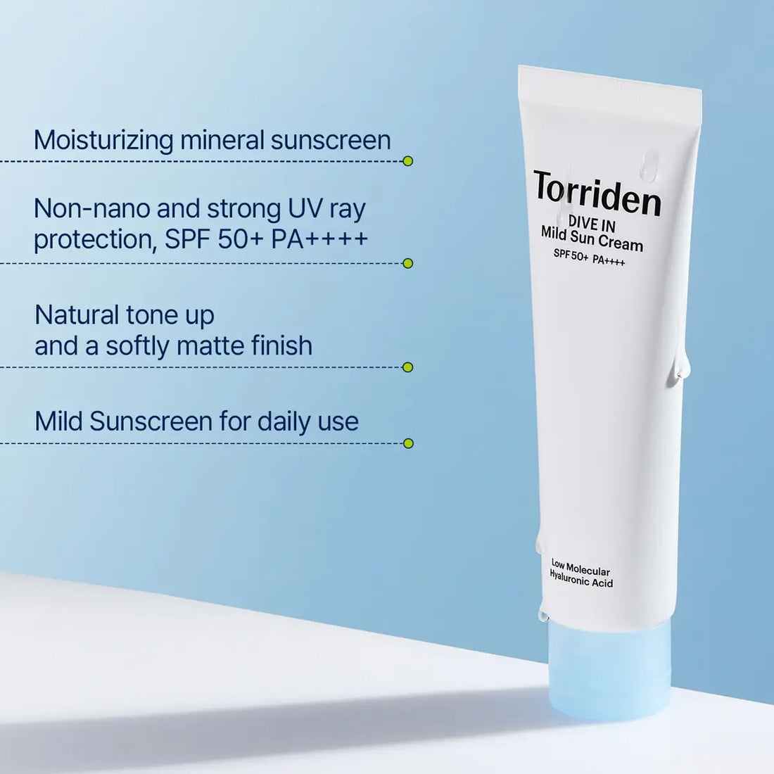TORRIDEN DIVE-IN Mild Suncream 60mL in a tube with moisturizing features and SPF 50+ PA++++ protection.