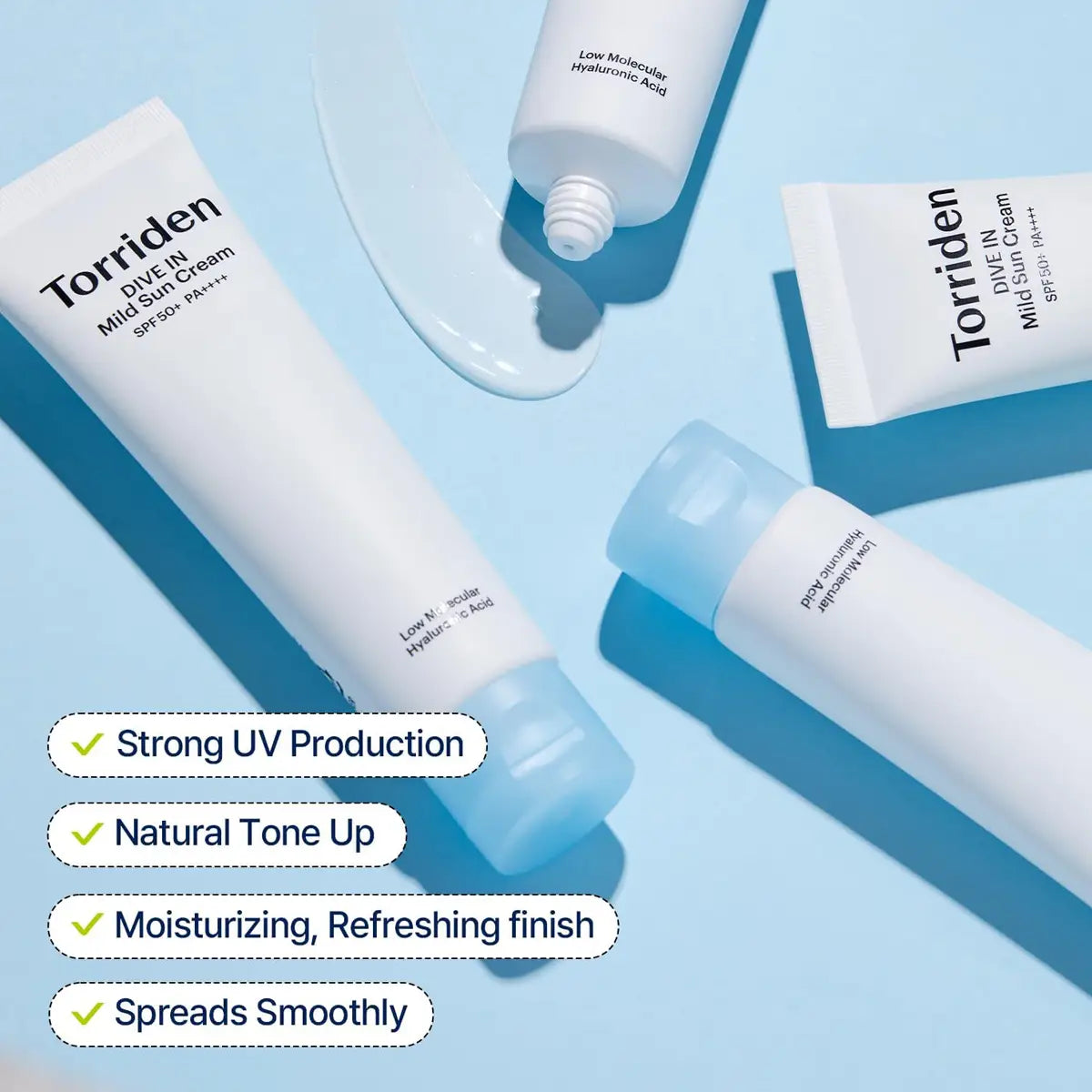 TORRIDEN DIVE-IN Mild Suncream 60mL displayed with features like strong UV production and moisturizing finish.