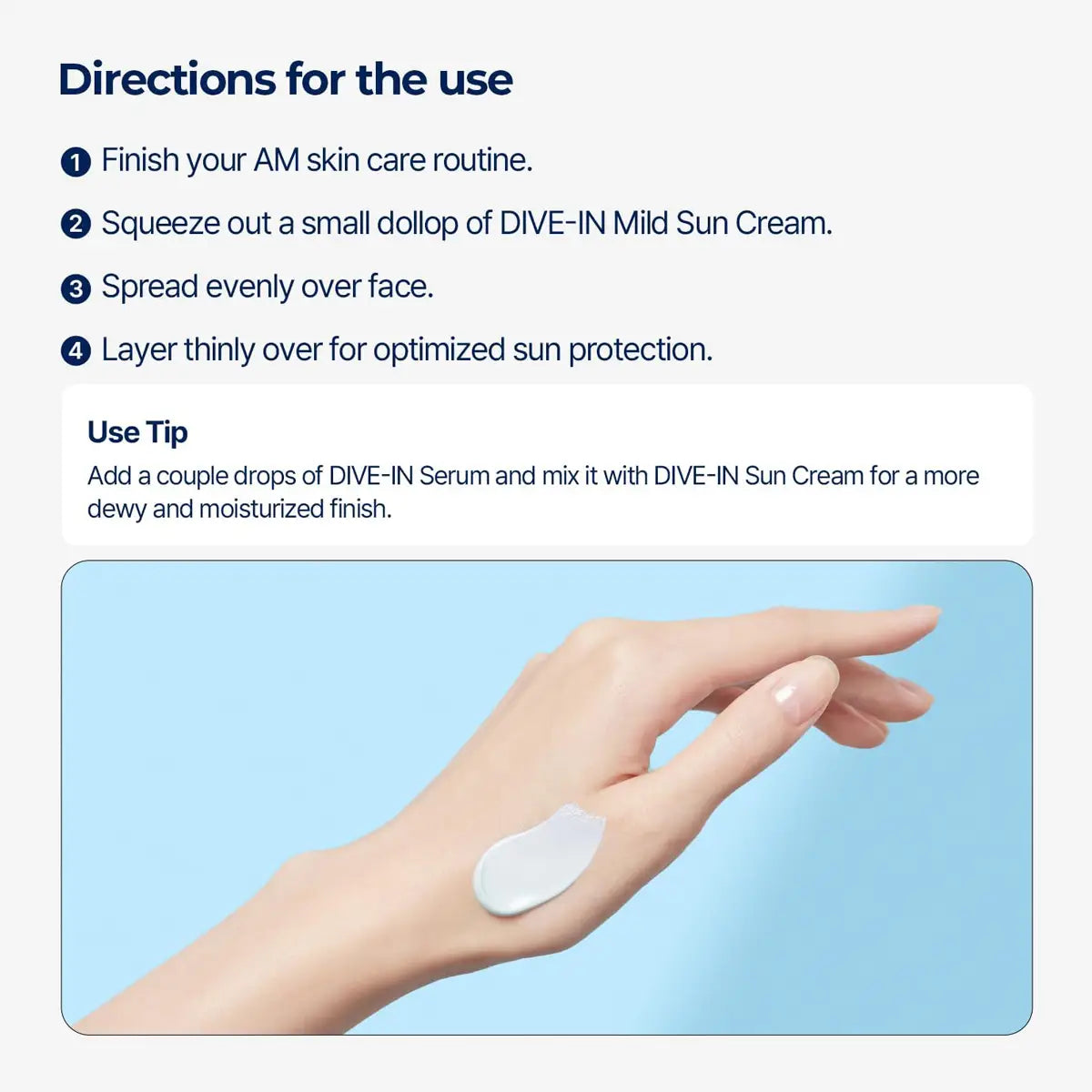 TORRIDEN DIVE-IN Mild Suncream 60mL application instructions on hand with product details.