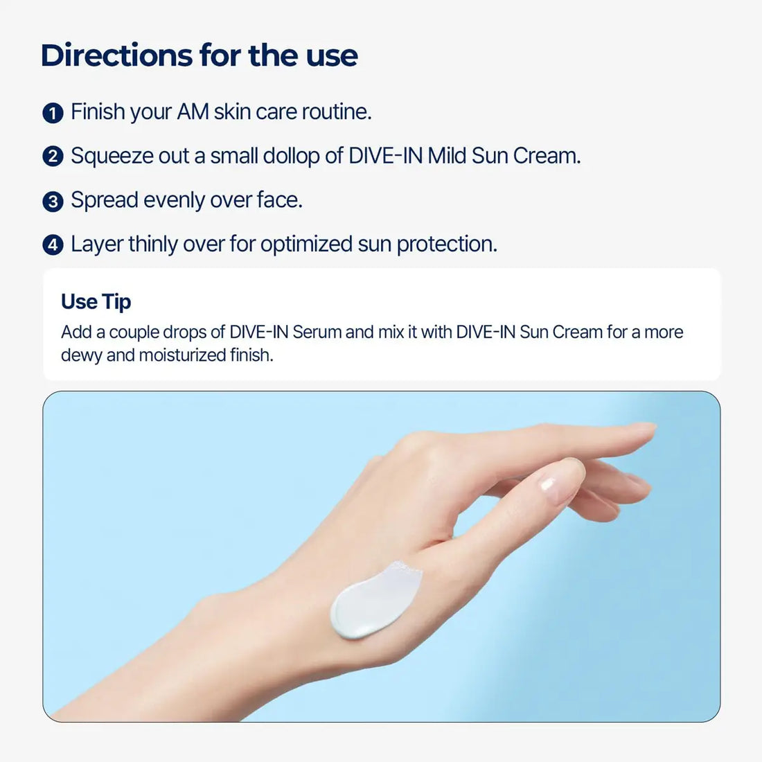 TORRIDEN DIVE-IN Mild Suncream 60mL application instructions on hand with product details.