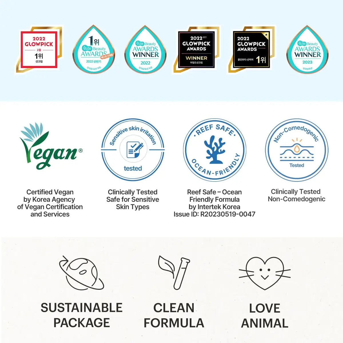 TORRIDEN DIVE-IN Mild Suncream 60mL badges for vegan, reef safe, and award-winning features.
