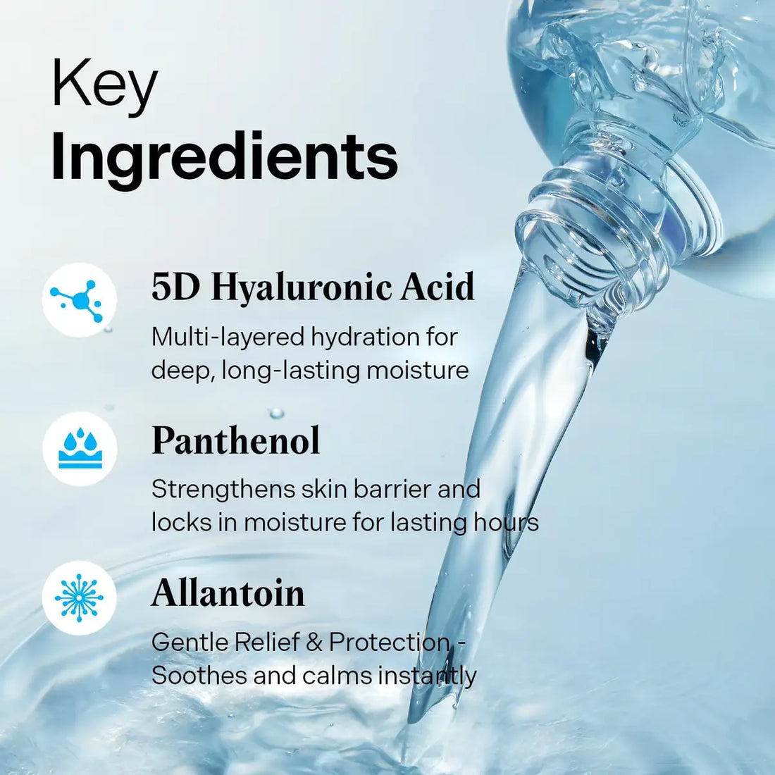 TORRIDEN Dive-in Low-Molecular Hyaluronic Acid Toner 300mL key ingredients including 5D Hyaluronic Acid, Panthenol, and Allantoin.