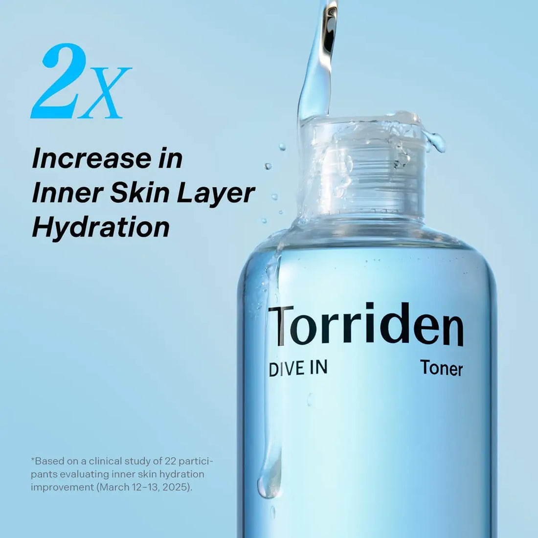 TORRIDEN Dive-in Low-Molecular Hyaluronic Acid Toner 300mL bottle with hydration claims and water splash.