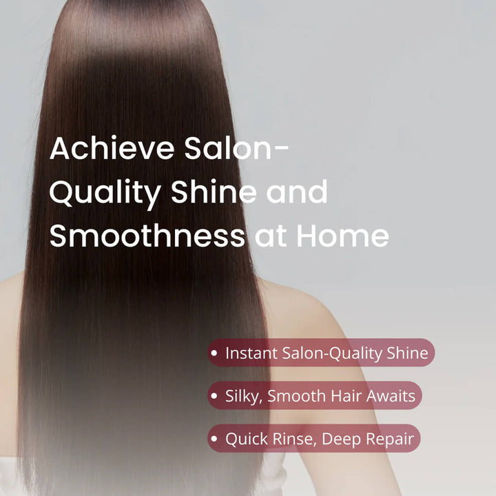 Long, straight hair with text promoting salon-quality shine and smoothness at home.