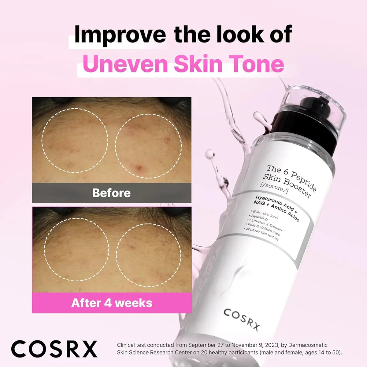 Cosrx The 6 Peptide Skin Booster Serum bottle with before and after skin tone improvement on a pink background
