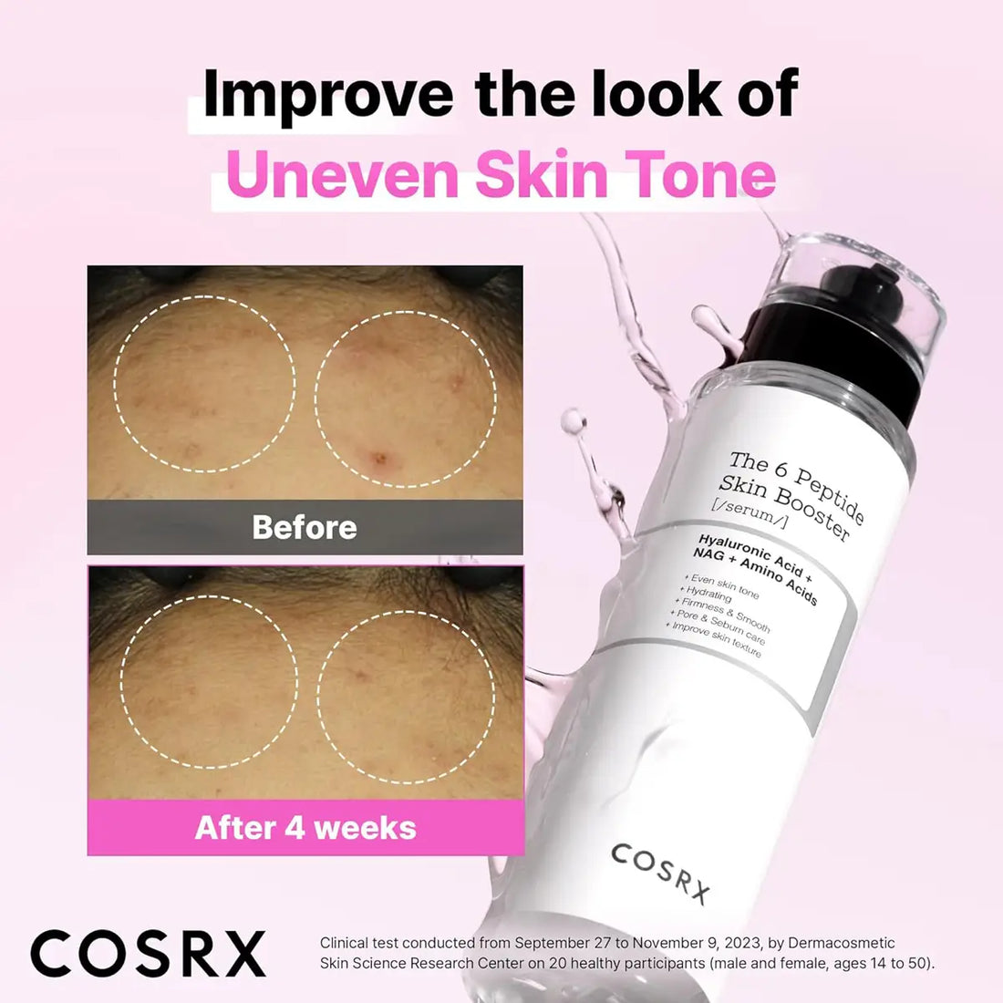 Cosrx The 6 Peptide Skin Booster Serum bottle with before and after skin tone improvement on a pink background