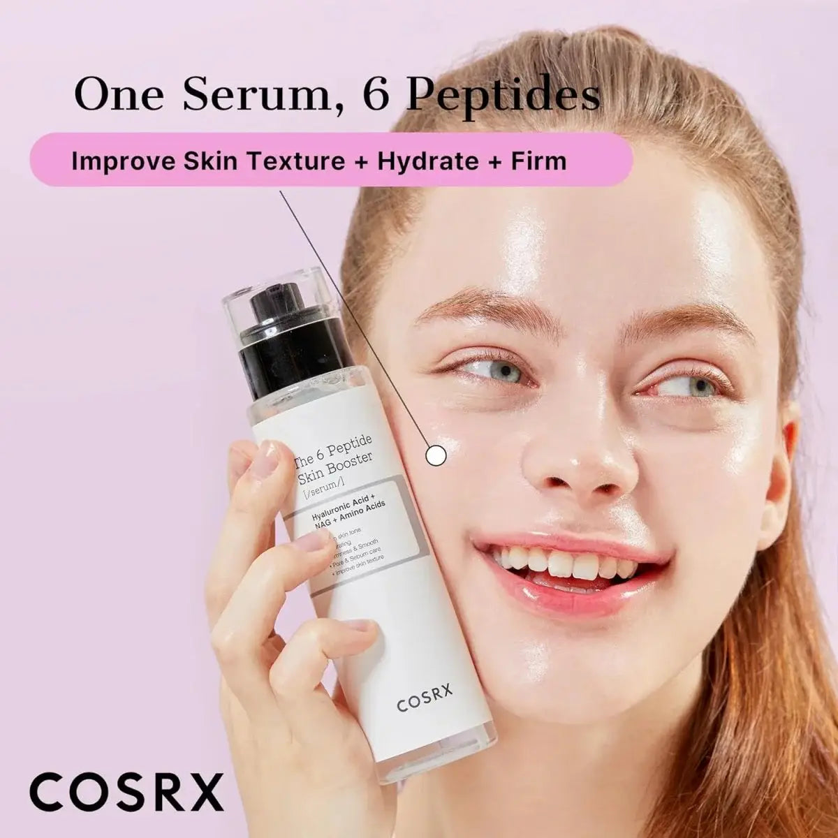 Woman holding a COSRX skincare product with text about serum and peptides on a pink background
