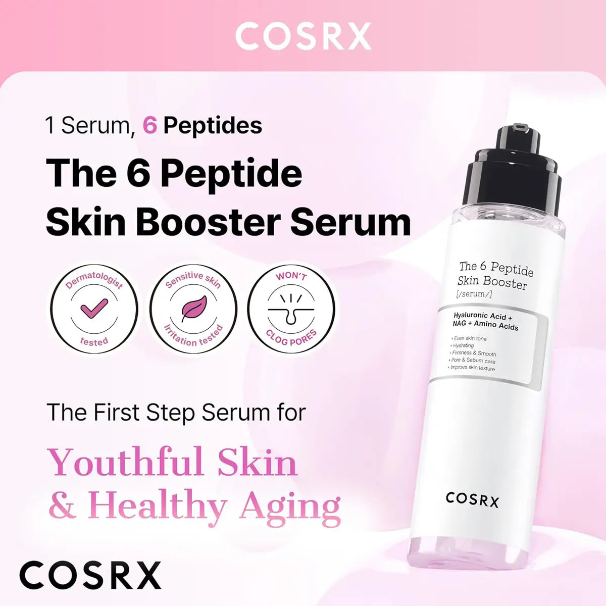 COSRX 6 Peptide Skin Booster Serum on a pink background with product details.
