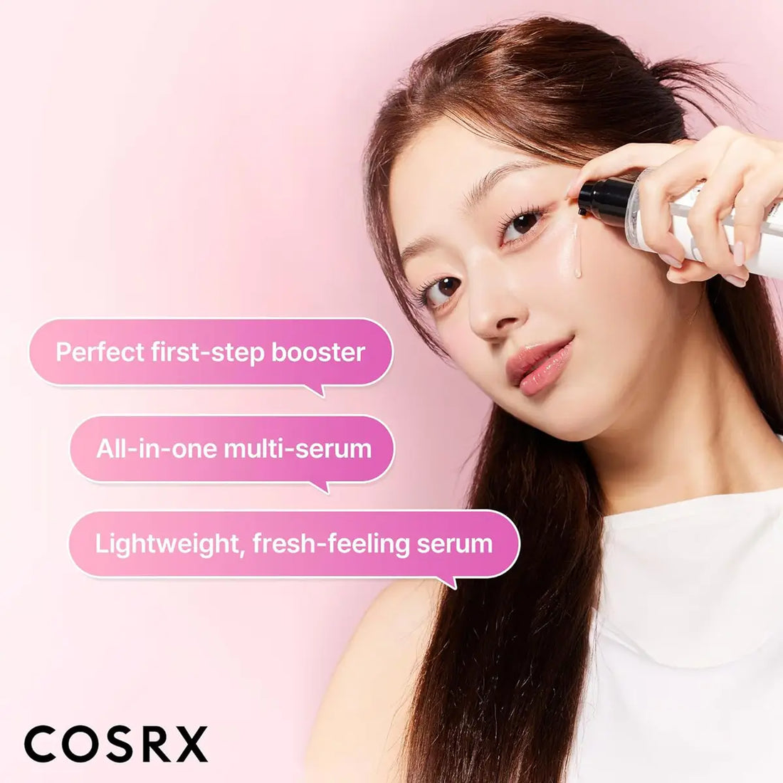 Woman applying serum to her face with text highlighting features on a pink background, featuring the COSRX brand.