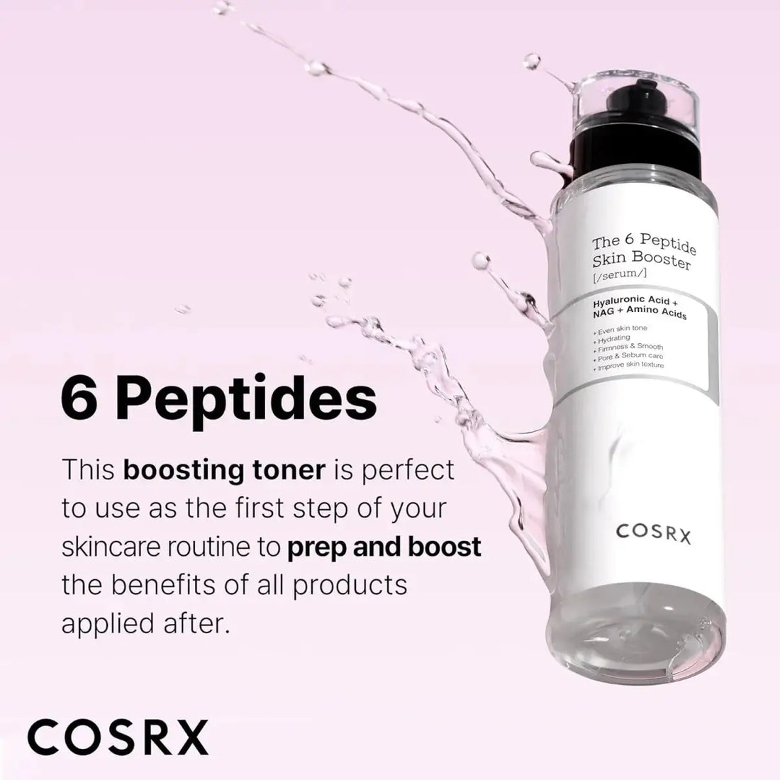 Cosrx The 6 Peptide Skin Booster Serum with water droplets on a pink background