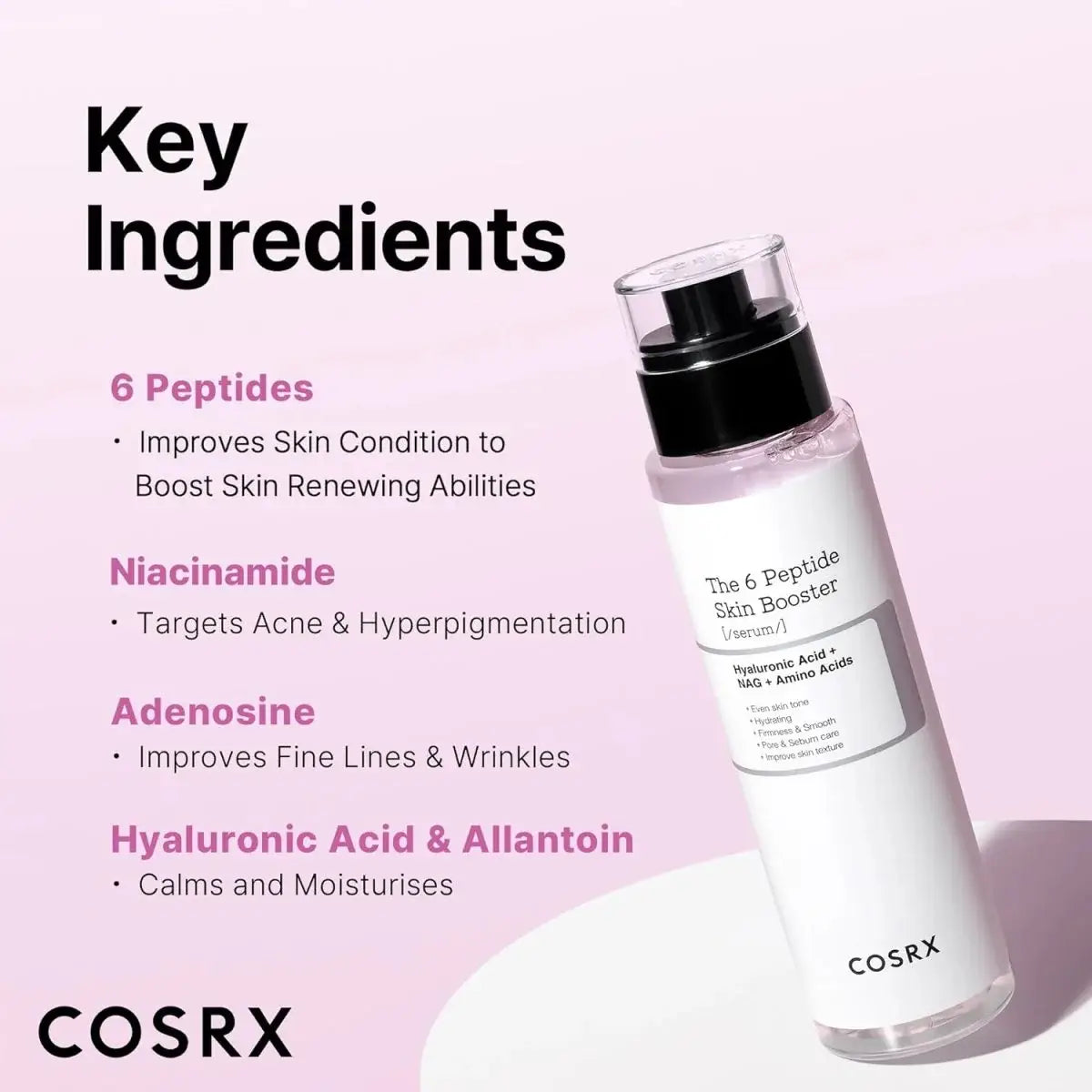 Cosrx skincare product with key ingredients listed on a light pink background