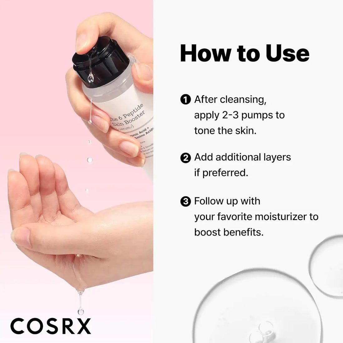 Cosrx skincare product with application instructions on a pink background