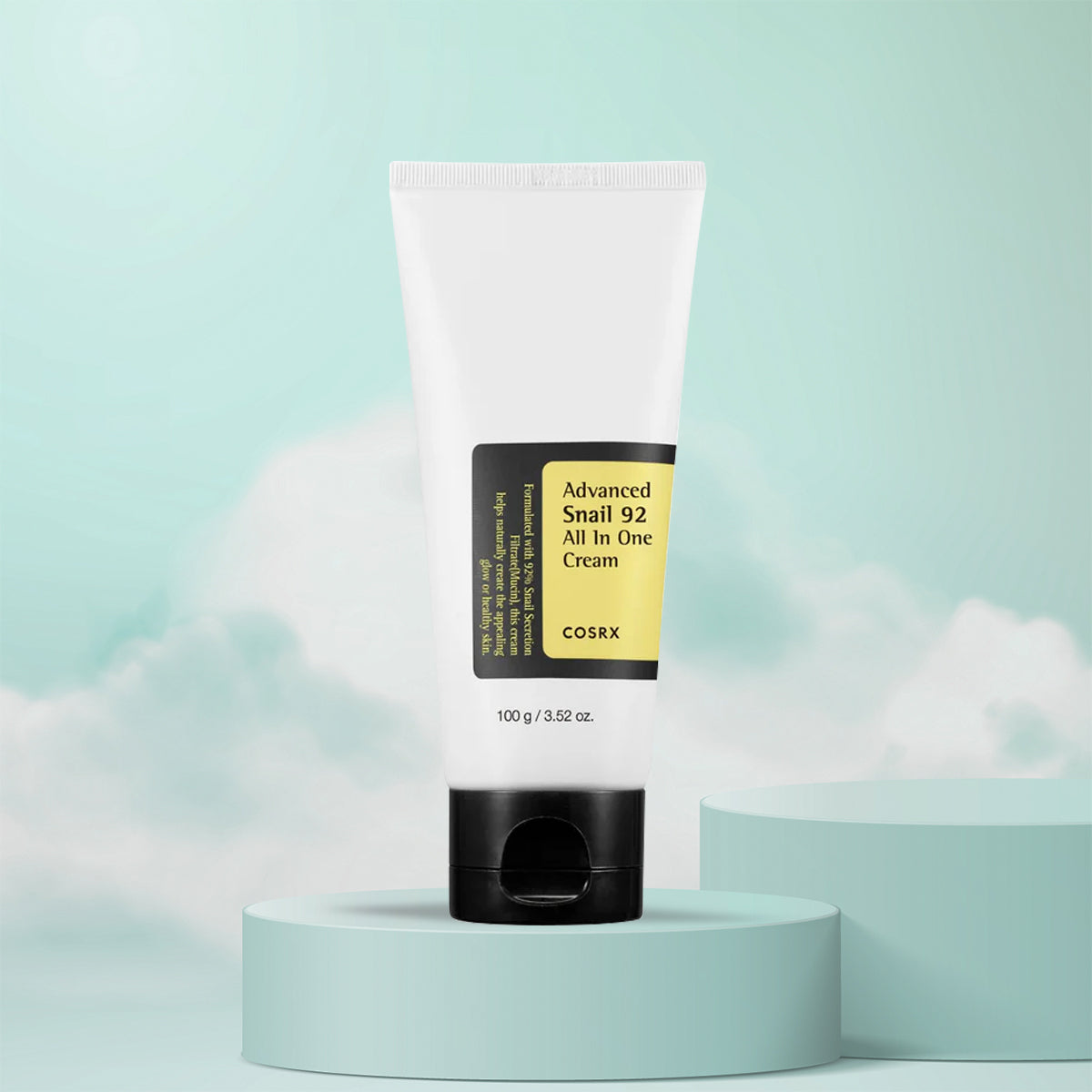 Cosrx skincare cream tube on a light blue background