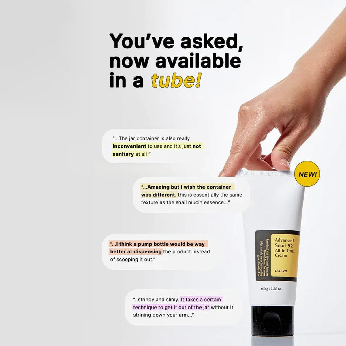 Cosrx Advanced Snail 92 All in One Cream Tube with text about product improvements on a light gray background