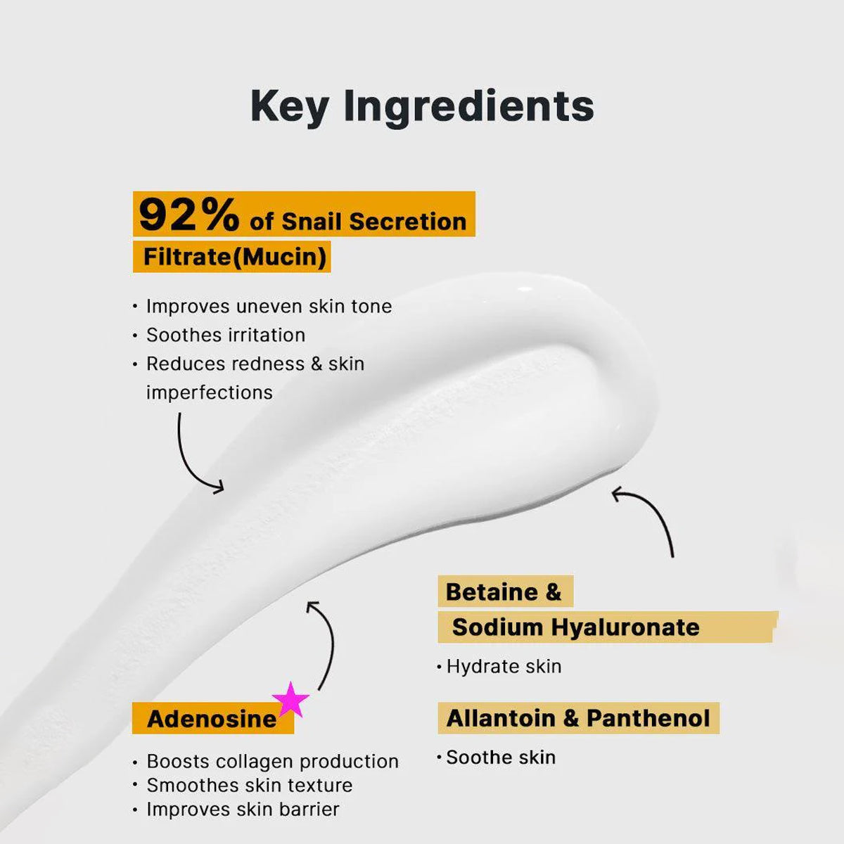 Key ingredients of COSRX Advanced Snail 92 All in One Cream (100g) with text on a white background