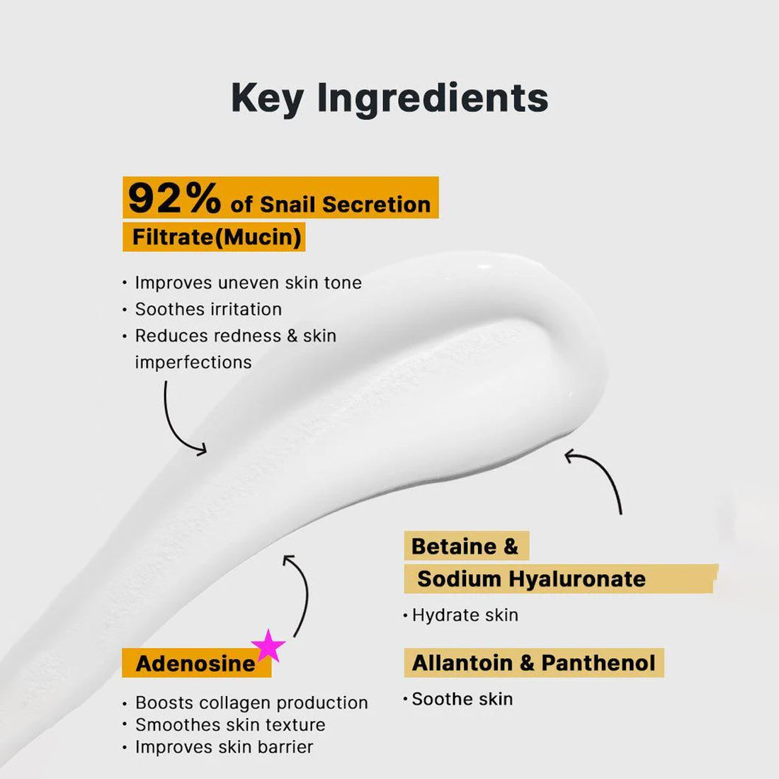 Key ingredients of COSRX Advanced Snail 92 All in One Cream (100g) with text on a white background