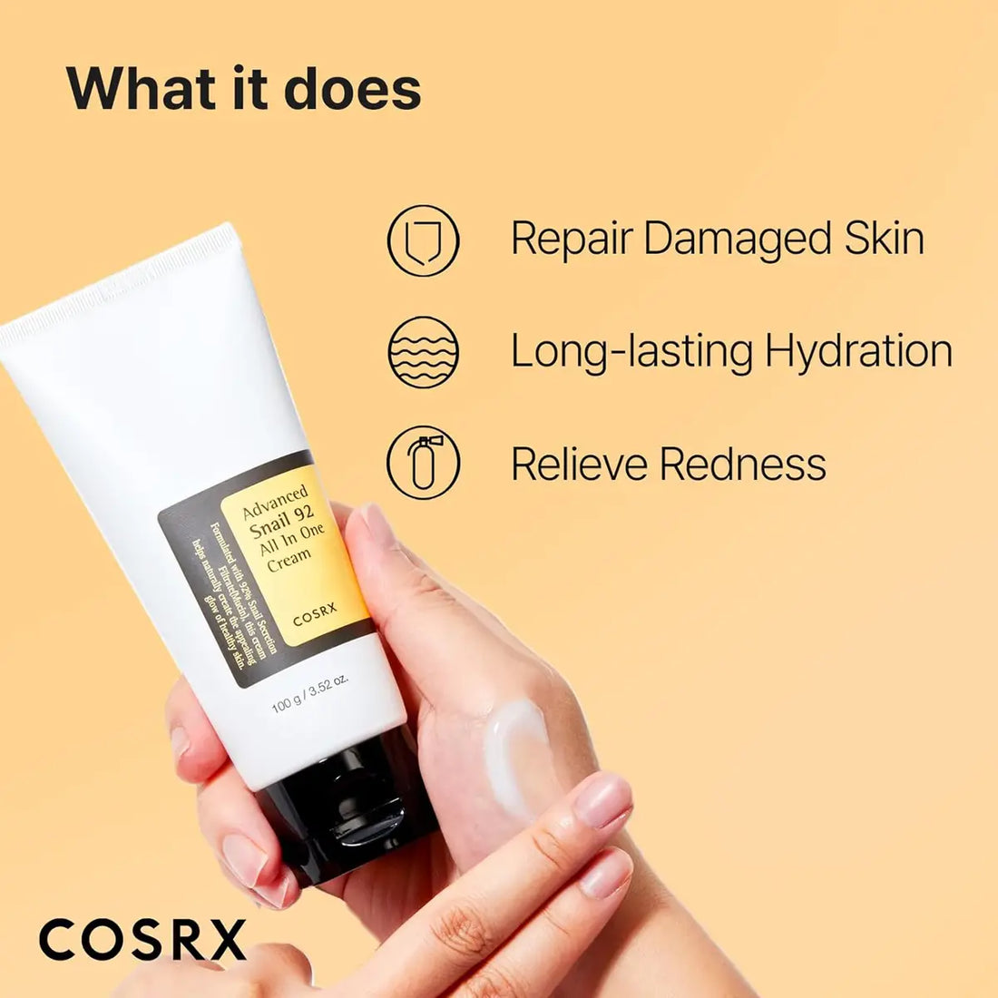 COSRX cream tube with hand applying cream and text on a beige background