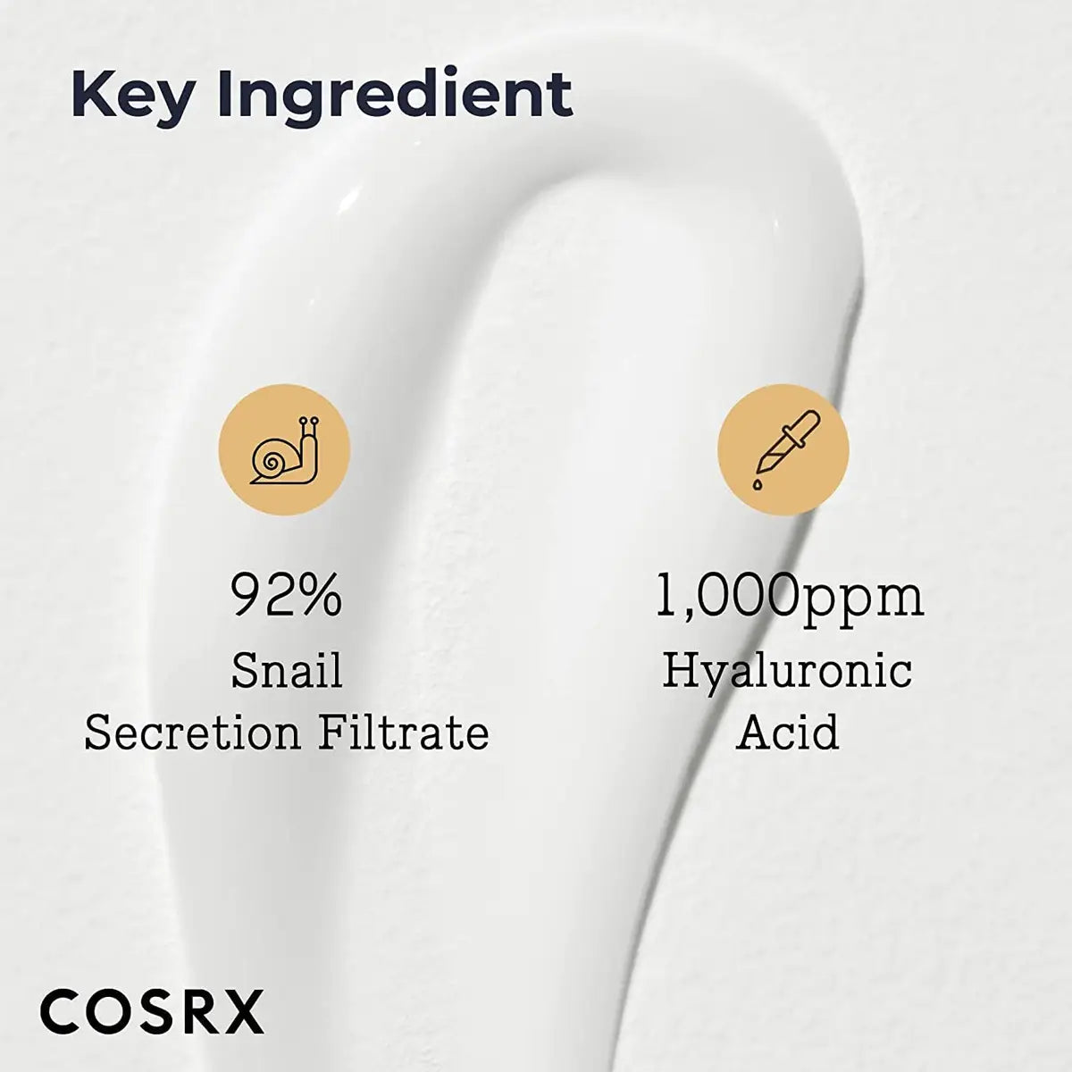 COSRX skincare product with snail secretion filtrate and hyaluronic acid key ingredients on a white background.